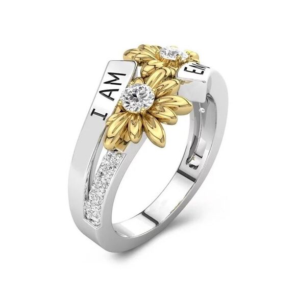 ❤️33❤️ “I AM ENOUGH” Two Tone 14k White Gold Yellow Gold Daisy Diamond Ring - Picture 4 of 13
